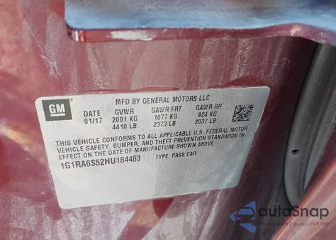 2017 Chevrolet Volt Lt из США, поврежденный, VIN 1G1RA6S52HU184483